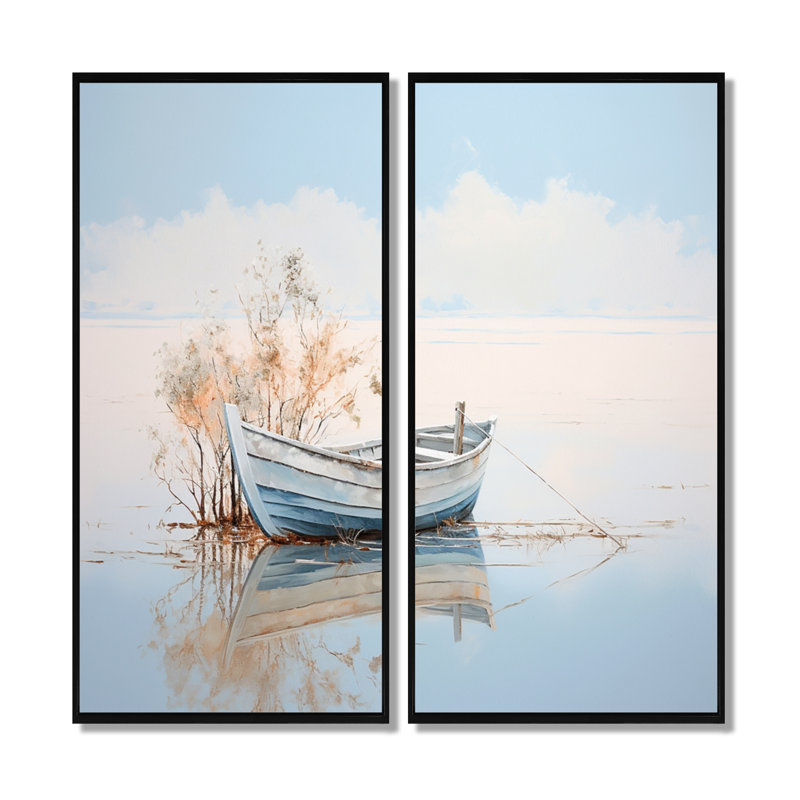 Bleu et blanc, petit bateau au bord du lac - ensemble de 2 décorations murales encadrées, H 20 po x l 24 po, Noir