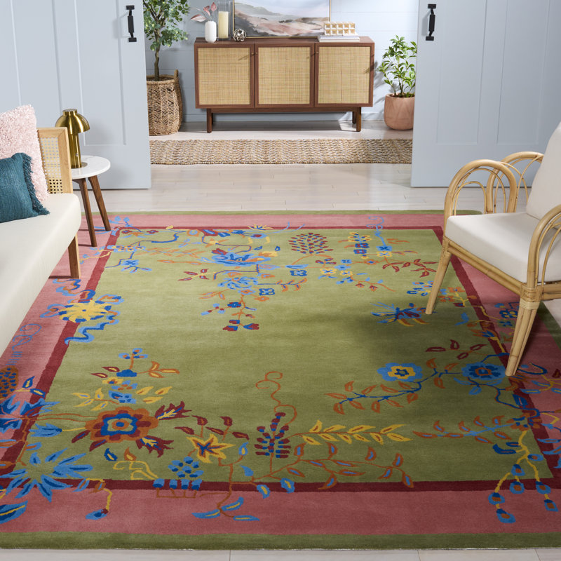 Tapis vert / rose en laine / coton touffeté à la main Anticur, Rectangle 6 po x 9 po