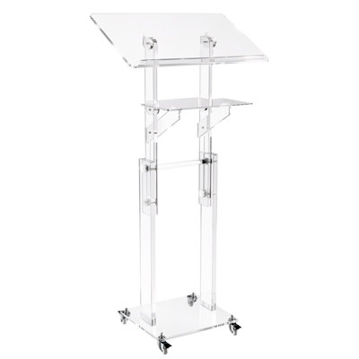 Support ajustable en acrylique avec inclinaison et tablette de rangement, bureau de présentation portable pour les écoles, les églises et les événements, hauteur de 43 à 46 pouces, design transparent