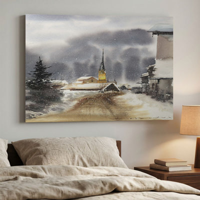 "Snowy Village Church" Serene Watercolour Print Wall Art, High-Weight Canvas with Pine Frame