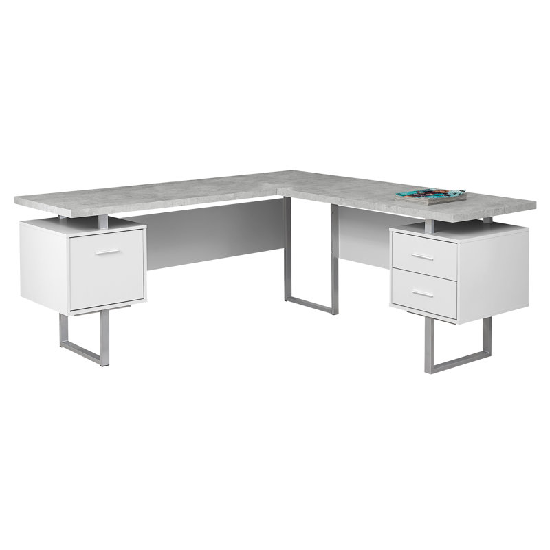 Computer Desk, Home Office, Corner, Storage Drawers, 70"L, L Shape, Work, Laptop, Metal, White/Cement-Look/Silver