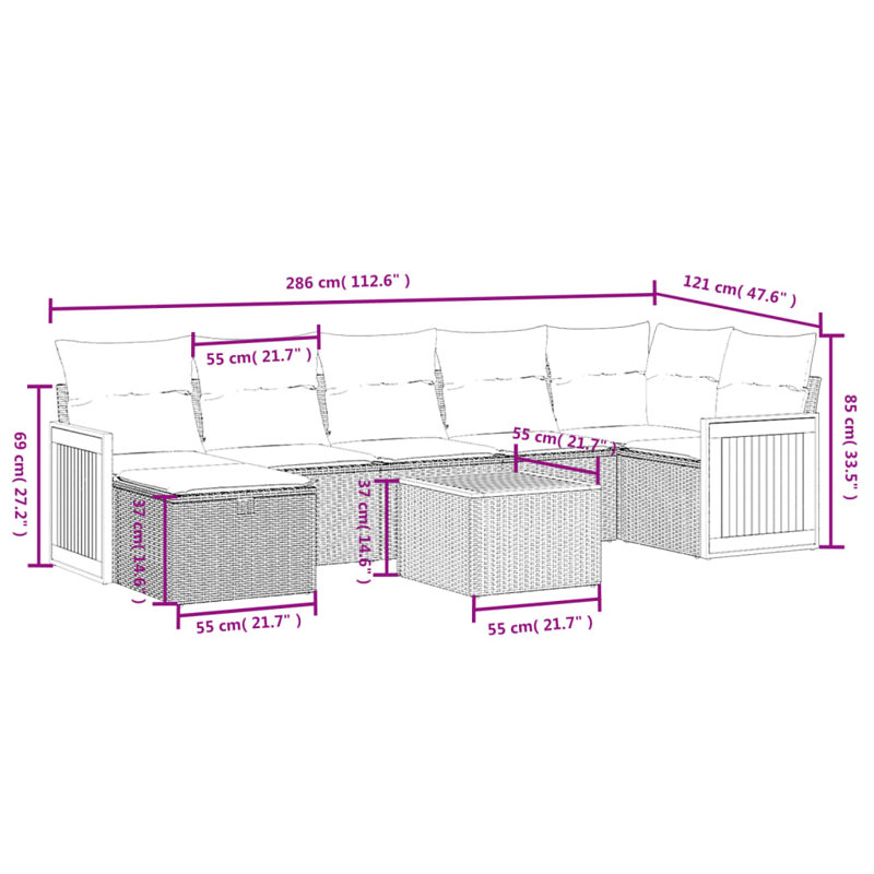 Ensemble de canapé de patio 8 pièces avec coussins en rotin de polyester, Marine, Gris