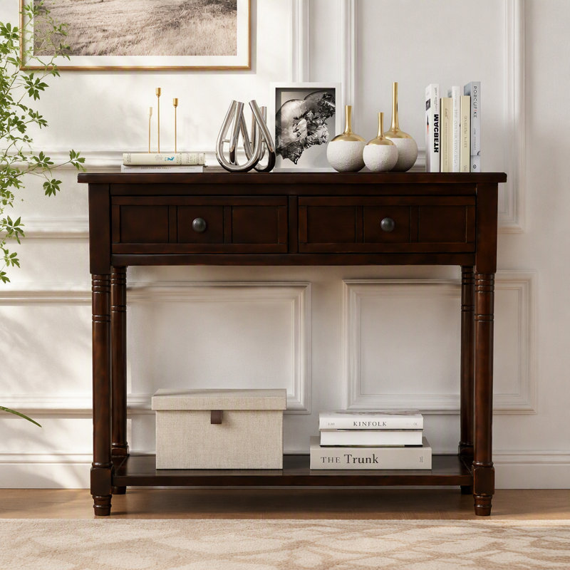 Mid century Modern Entryway Table Wood Console Table Traditional Design With 2 Drawers And Bottom Shelf, Espresso
