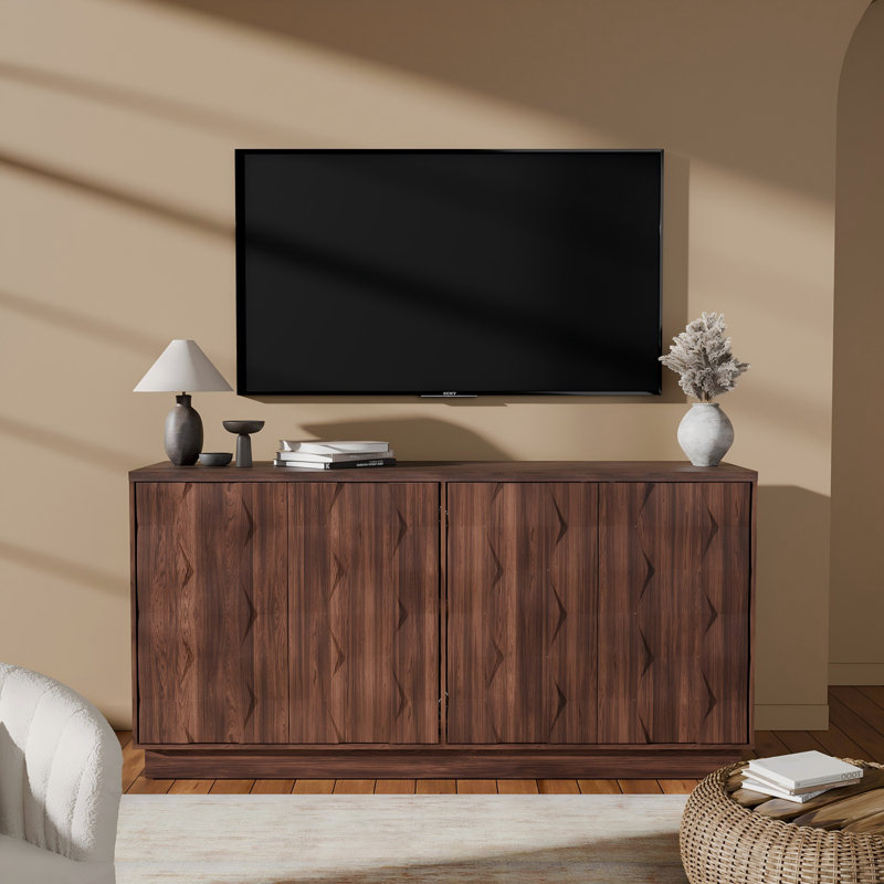 Buffet moderne de 60 po de largeur avec rangement réglable, sans poignée, Brun