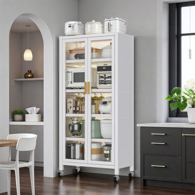 Armoire de rangement pour garde-manger 65 po, armoire de rangement en métal à 6 niveaux avec porte transparente, tablettes et roulettes réglables, armoires garde-manger, pour la cuisine, le salon et la salle à manger, blanc