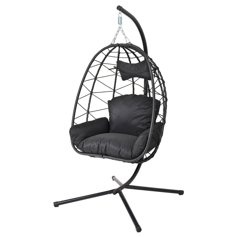 Fauteuil suspendu suspendu en osier avec support et coussin lavable pour patio, Black, Black