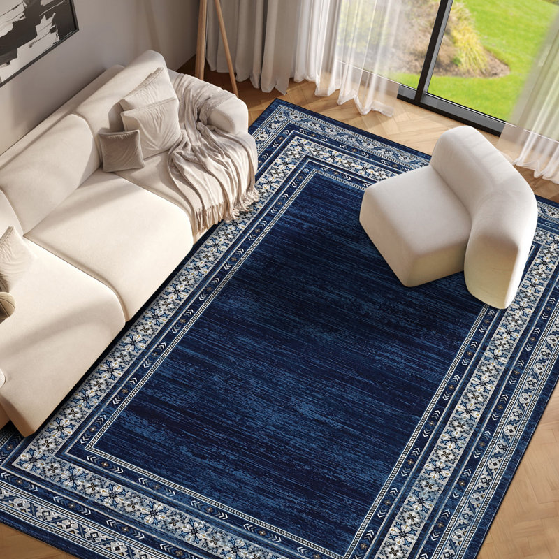 Tapis lavable à bordure moderne Tapis antidérapant pour tapis de cuisine, Marine, Rectangle 9 pi x 12 pi