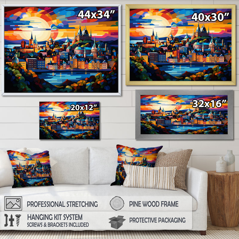 City Québec Popart, reproduction d'art sur toile, Cadre photo noir, H 16 po x l 32 po x P 1 po