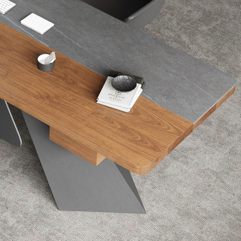 Bureau rectangulaire en bois massif + pierre + fer avec 4 tiroirs, H 29,53 po x l 94,49 po x P 31,5 po, Gris/brun/noir