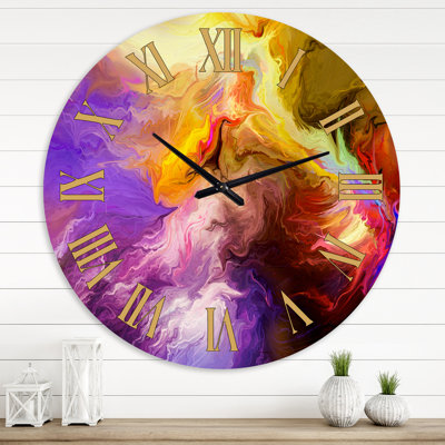 Nuage jaune et mauve peint à l'huile - horloge murale moderne