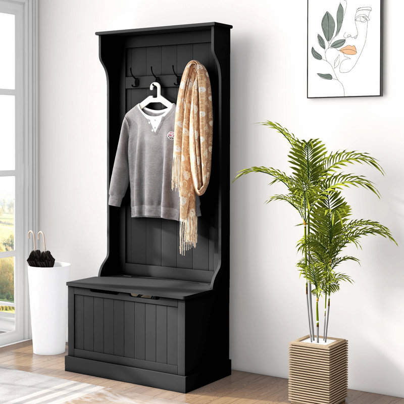 28" 3-In-1 Entryway Hall Tree With Storage Bench, Coat Rack With Four Hooks And Shoe Storage, Black