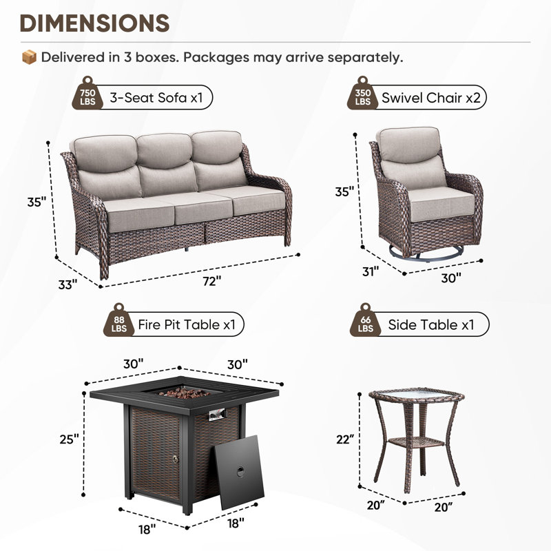 Polygala 5-Piece All-Weather Outdoor Wicker Patio Square Metal Fire Pit Table Conversation Set With Swivel Gliders And Side Table