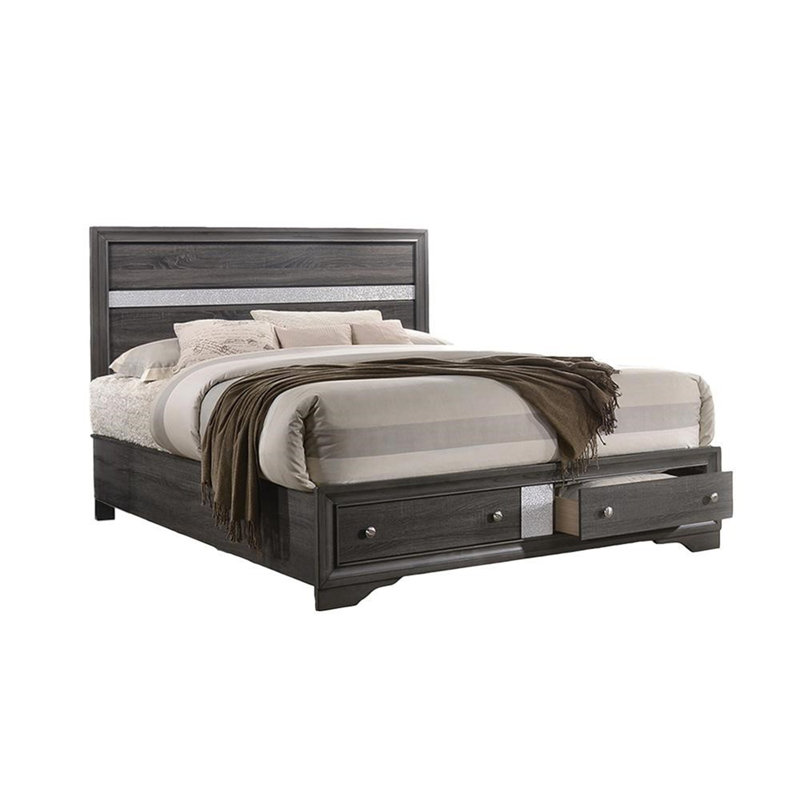 Lit plateforme avec rangement en bois massif Ashlock, Gris, Lit double