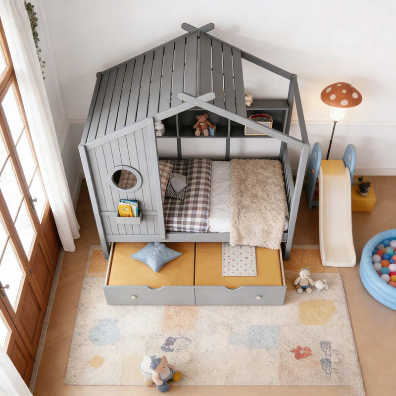 Lit double en bois avec lit gigogne, Gris, Double