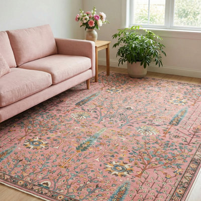 Vintage Tree of Life Area Rug - Oriental Distressed Floral Print Washable Rug for Living Room, Bedroom, Dining Room