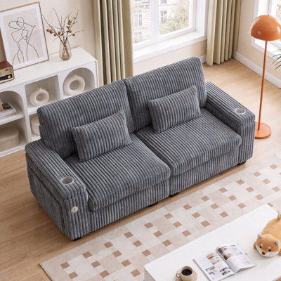 78" Cloud Loveseat Sofa Couch, 2 Seater Foam Compression Couches With Cup Holder & Usb Charge, Modern Living Room Sofa Couch Corduroy Storage Love Seat