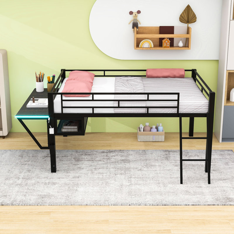 Lit mezzanine en métal avec bureau, éclairage DEL et tablettes, Double