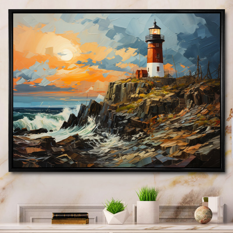 «Dots Lighthouses Guiding III», reproduction d'art sur toile, H 24 po x l 32 po x P 1 po, Cadre flottant noir