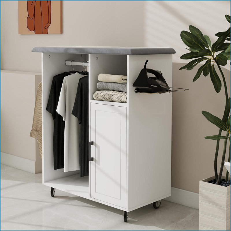 Ironing Cart Cabinet with Rolling Ironing Board, Storage Shelves &amp; Clothes Rods - Snow White E1 MDF | Minimalist | Laundry Room