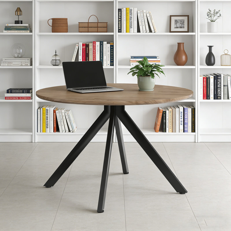 47.2" Solid Wood Round Dining Kitchen Table For 4-6 People With Intersecting Pedestal Base, Brown, Black