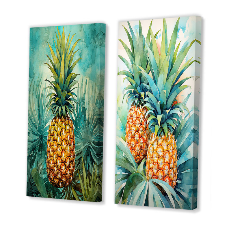 Ensemble de 2 décorations tropicales bleu sarcelle et ananas Paradiso, H 28 po x l 25 po, Toile tendue