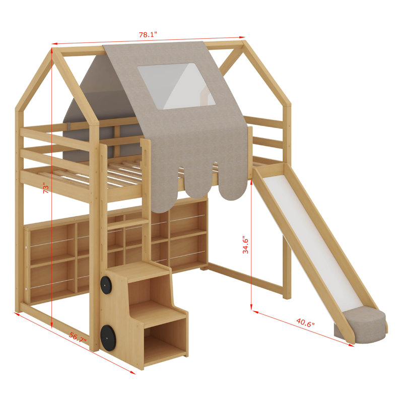 Lit mezzanine simple en bois avec tente, Naturel / Beige