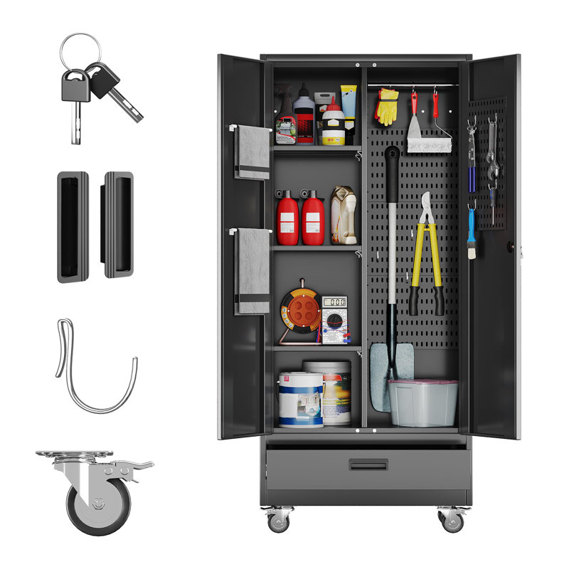 31.5 In Wide Garage Storage Cabinet With Wheels, Metal Storage Cabinet With 1 Drawer And 3 Adjustable Shelves For Home Offices, Gyms And Pantries, Black