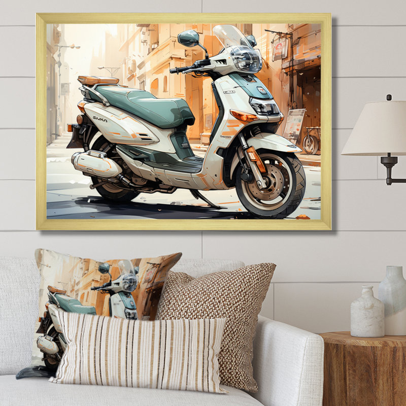 Beige Scooter City Explorer, reproduction d'art sur toile, H 30 po x l 40 po x P 1,5 po, Cadre doré à une seule photo