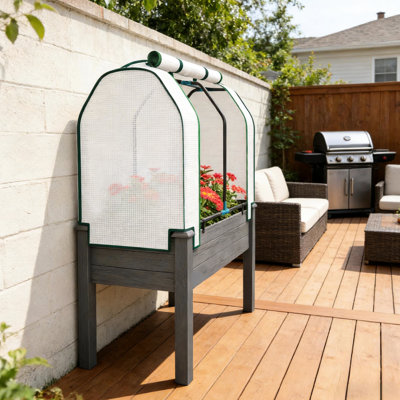Jardinière surélevée avec couvercle en PE aux éléments, tissu respirant et support stable, gris foncé, structure de jardin en bois massif L 35,4 po x l 21,7 po H 46,9 po, couvercle, trous de drainage pour une croissance optimale des plantes,