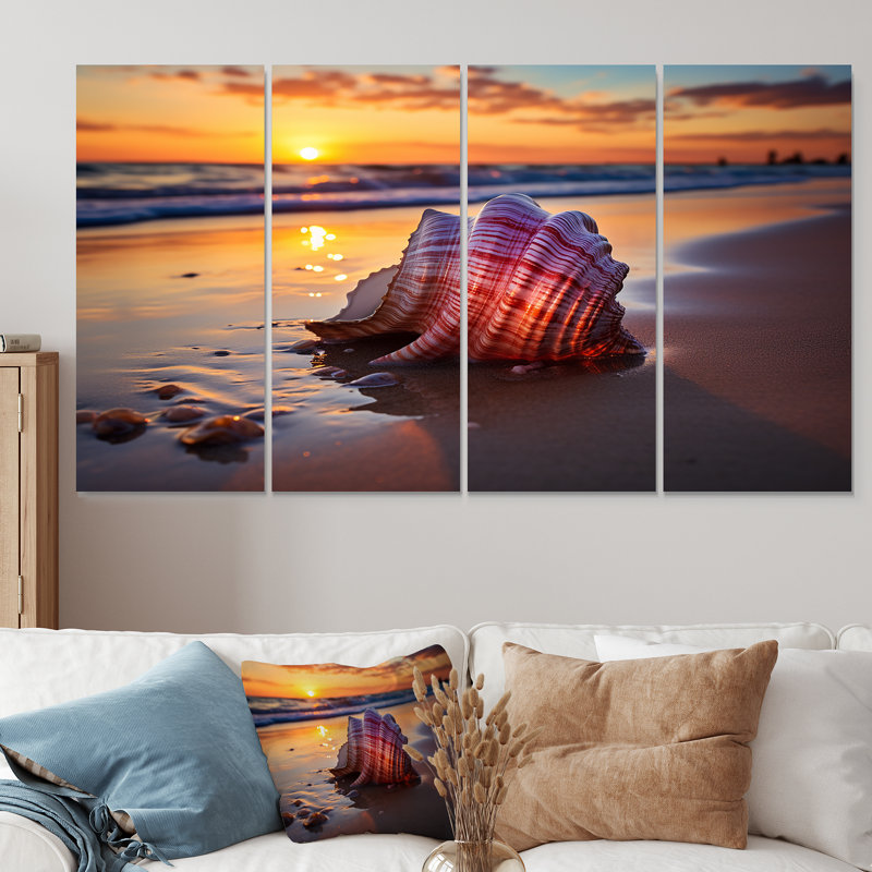 «Sunset Shoreline Treasures I - Coastal Beach», art mural 4 pièces, H 32 po x l 64 po