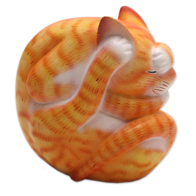 Flexible Cat In Orange Wood Sculpture