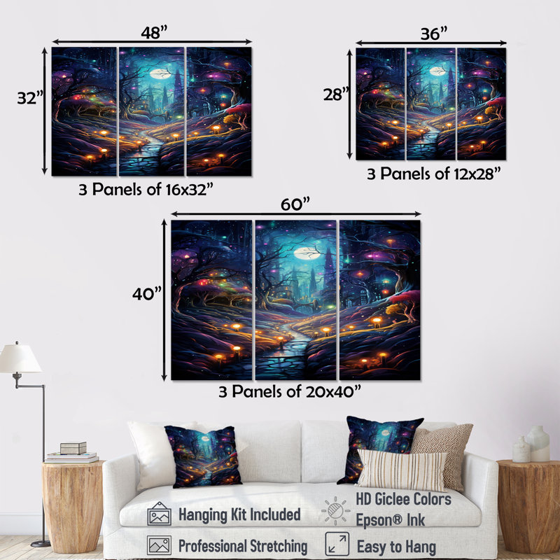 Ensemble de salon Fireflies In Enchanted Full Moon Forest - River Wall Art, Toile tendue, H 32 po x l 48 po x P 1 po