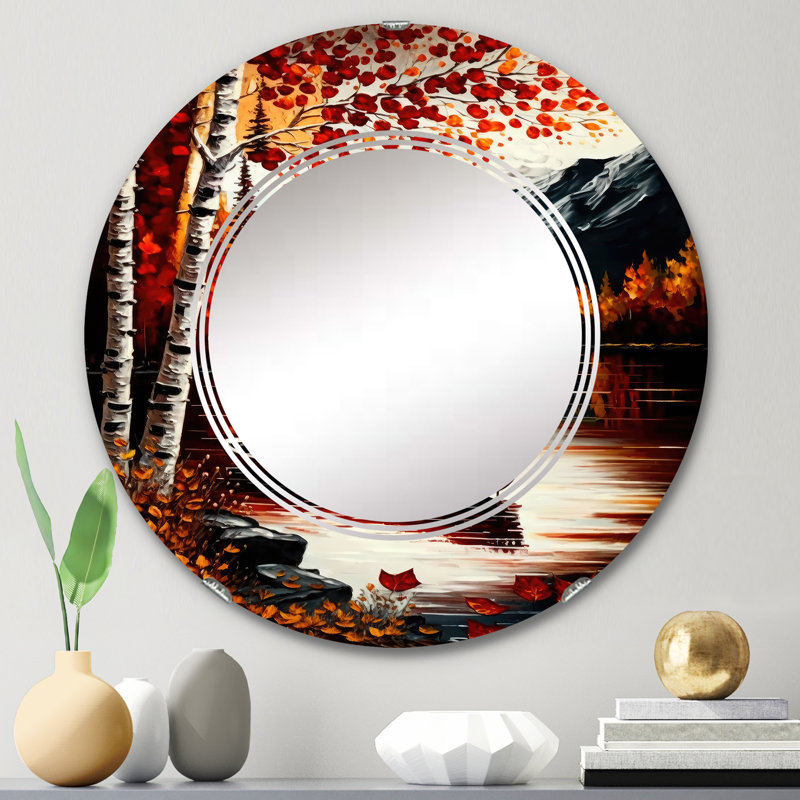 Bouleaux Parinika rouge et orange au bord du lac - miroir mural paysage lac, 24 po x 24 po