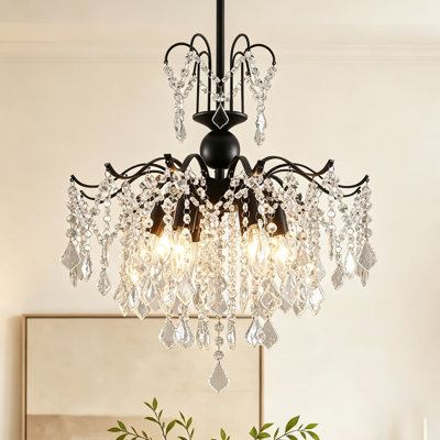 6-Light 17.7" Crystal Candle Black Chandelier Pendant Flushmount Ceiling Light Modern Lighting Fixture for Dining Room