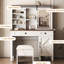 Coiffeuse de style avec tablettes spacieuses, lumières et séchoir à cheveux, bureau, miroir coulissant et rangement