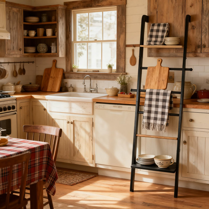 Étagère en bois à 6 niveaux avec crochets et tapis antidérapant, présentoir mural incliné de style campagnard et support de rangement pour la décoration intérieure