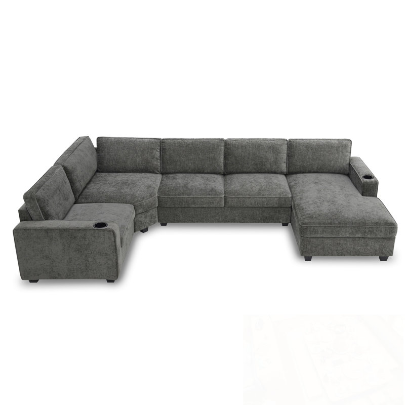 Canapé modulaire en U en chenille avec porte-gobelets et siège large, Gris chenille