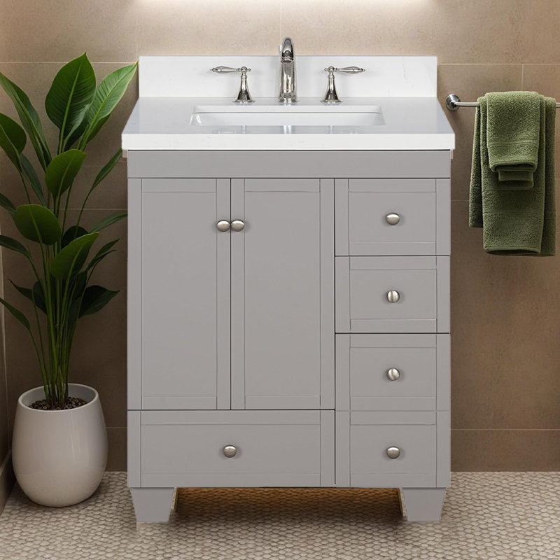 Meuble-lavabo 28 po avec lavabo Lavanti Depos - 100% bois massif de qualité supérieure, meuble-lavabo gris élégant avec meuble de rangement