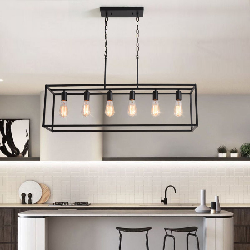 Lustre rectangulaire 6 lumières Barbara, luminaire suspendu linéaire moderne en métal noir, îlot de cuisine industriel en cage pour îlot de cuisine