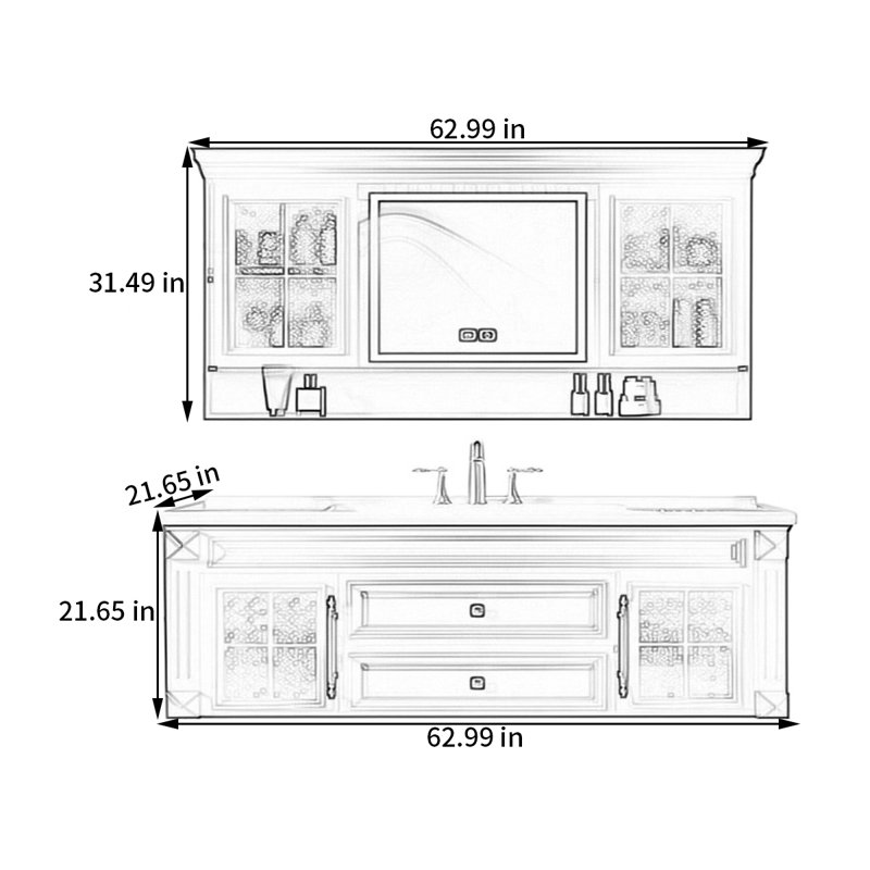 Armoire de salle de bain de style rétro américain, H 21,65 po x l 62,99 po x P 21,65 po