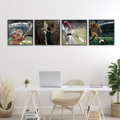 Sports Balls In Action 4pc Framed Giclee Set, design by Kim Allen