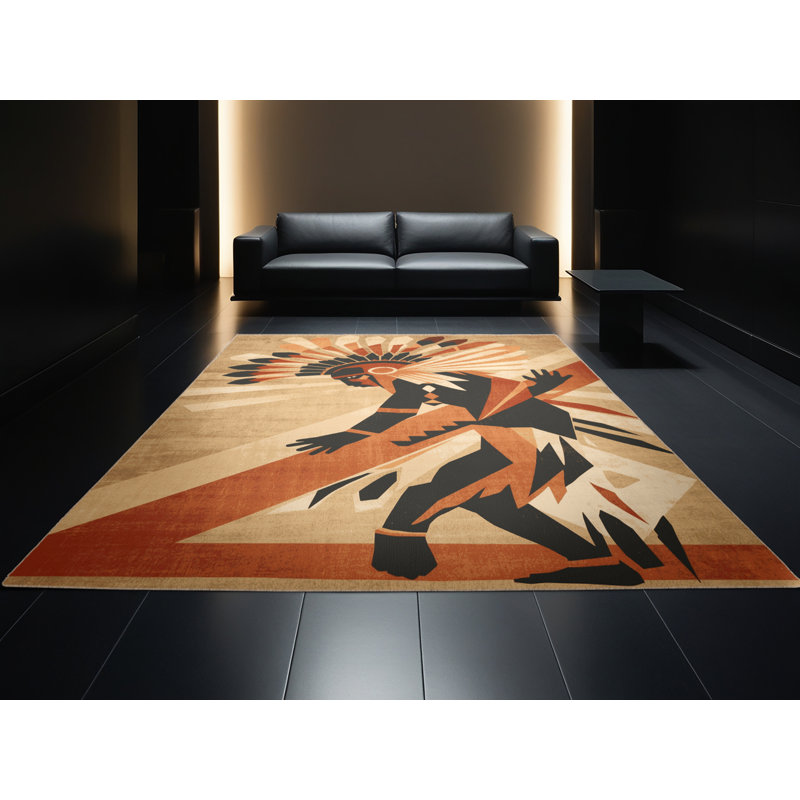 Machine Washable Newberry Hopi Kachina Global Inspired Block Print Rug in Brown – Beige Binding, 8x12
