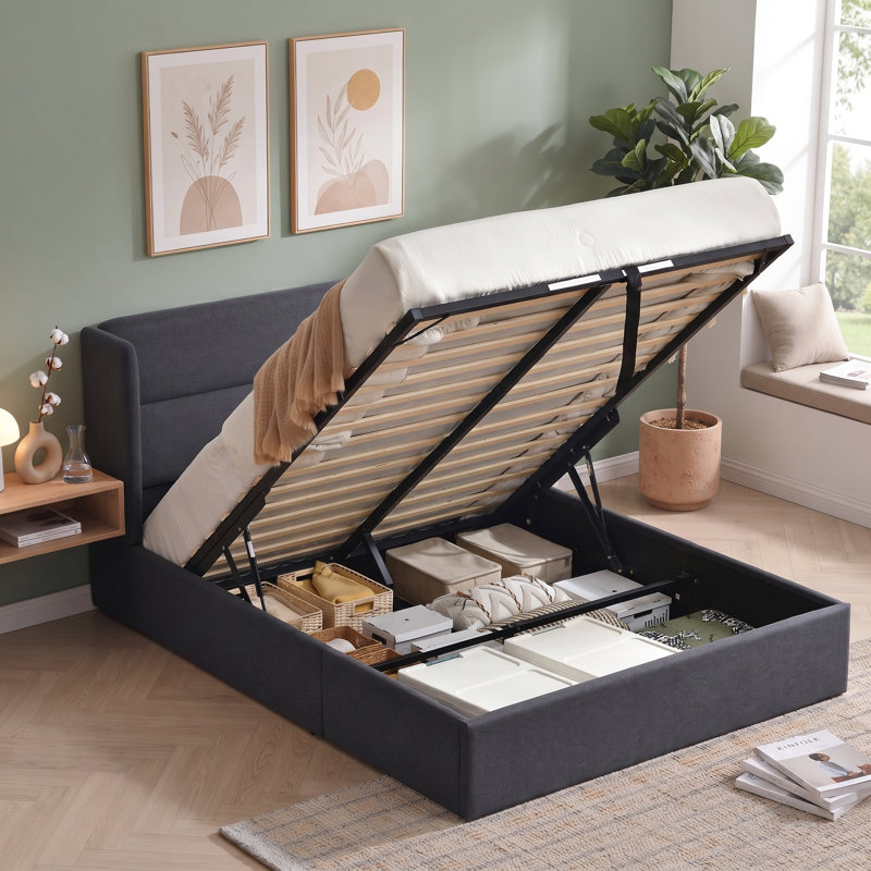 Structure de lit tapissier Annek avec rangement relevable, tête de lit à oreilles de H 40,9 po, lattes de bois et structure en métal, plusieurs tailles et options de tissu disponibles