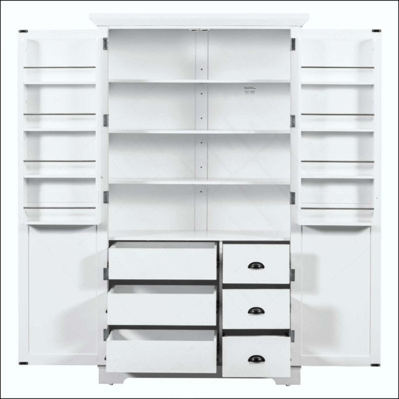 Garde-manger de style Shaker avec tiroirs, armoire de rangement autoportante avec tablettes de porte, tablettes réglables et plateaux coulissants