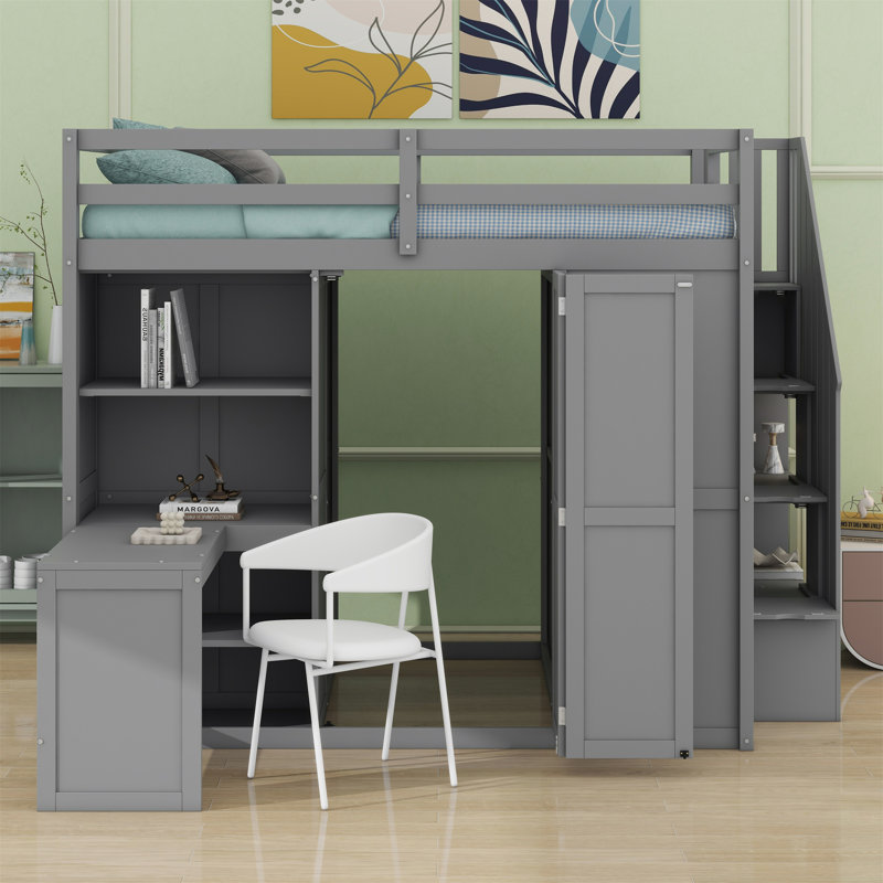 Lit mezzanine avec garde-robe, bureau et tablettes, Gris