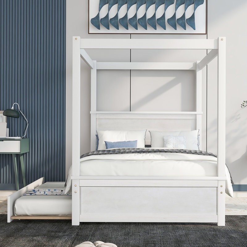 Size Canopy Bed With Trundle, And Pinewood Full Trundle Canopy, Versatile Decor, Solid Wood, White
