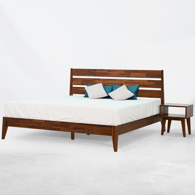 Ensemble de chambre à coucher 2 pièces - Base de lit grand lit en bois massif et table de chevet assortie, style Mid-Century moderne, finition noyer, capacité de 800 lb, aucun sommier nécessaire