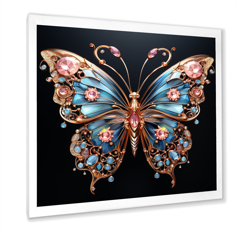 «Blue and Pink Crystal Butterfly I», art mural papillon, H 16 po x l 16 po x P 1 po, Cadre simple blanc
