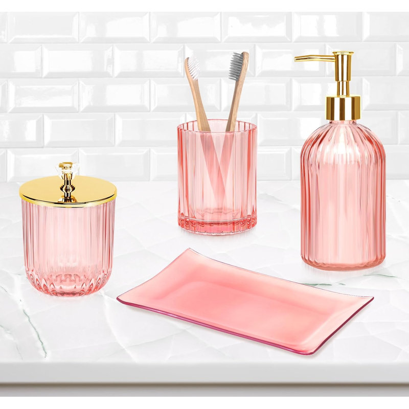 Pink glass bathroom accessory set