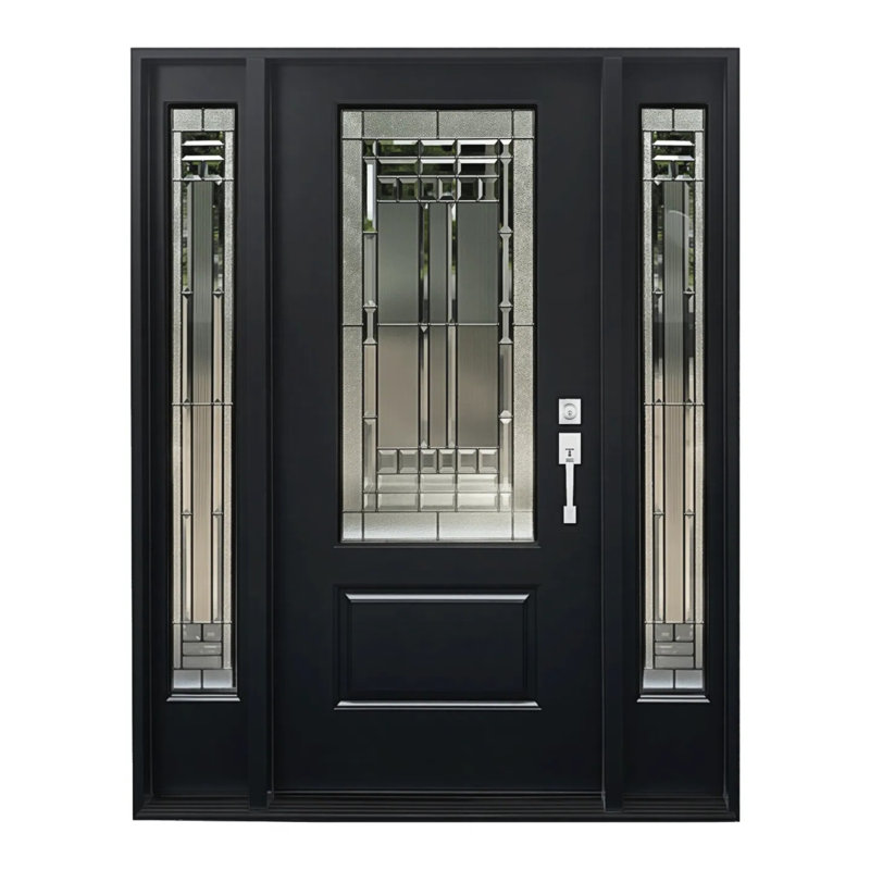 Porte d'entrée extérieure pour l'extérieur en fibre de verre avec panneaux latéraux doubles de 14 po, verre Caming, finition noire, moulure de brique et cadre en vinyle ， 96 po